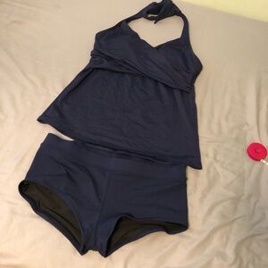 Lands' End Deep Blue Halter Swim Tankini and Shorties